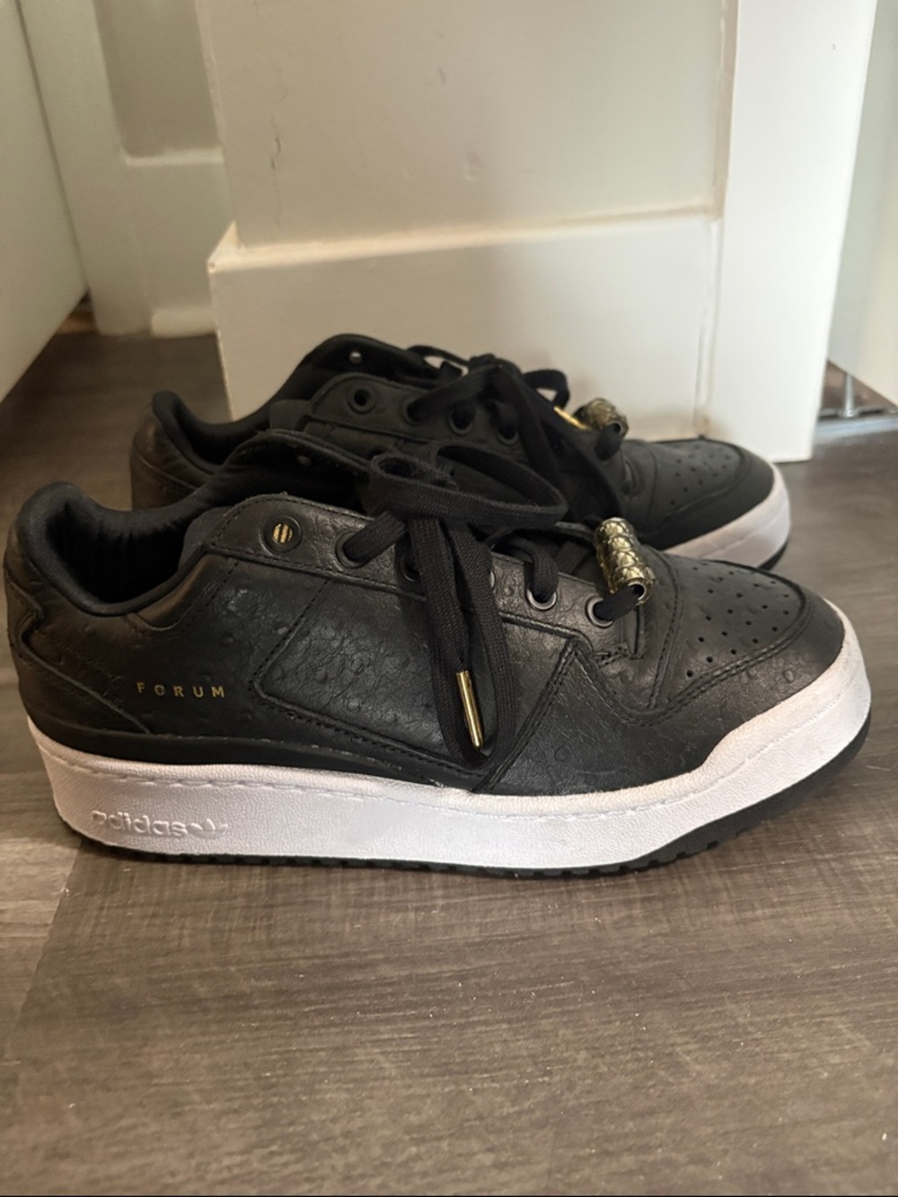 adidas Black Leather Forum Low Sneakers with White Sole